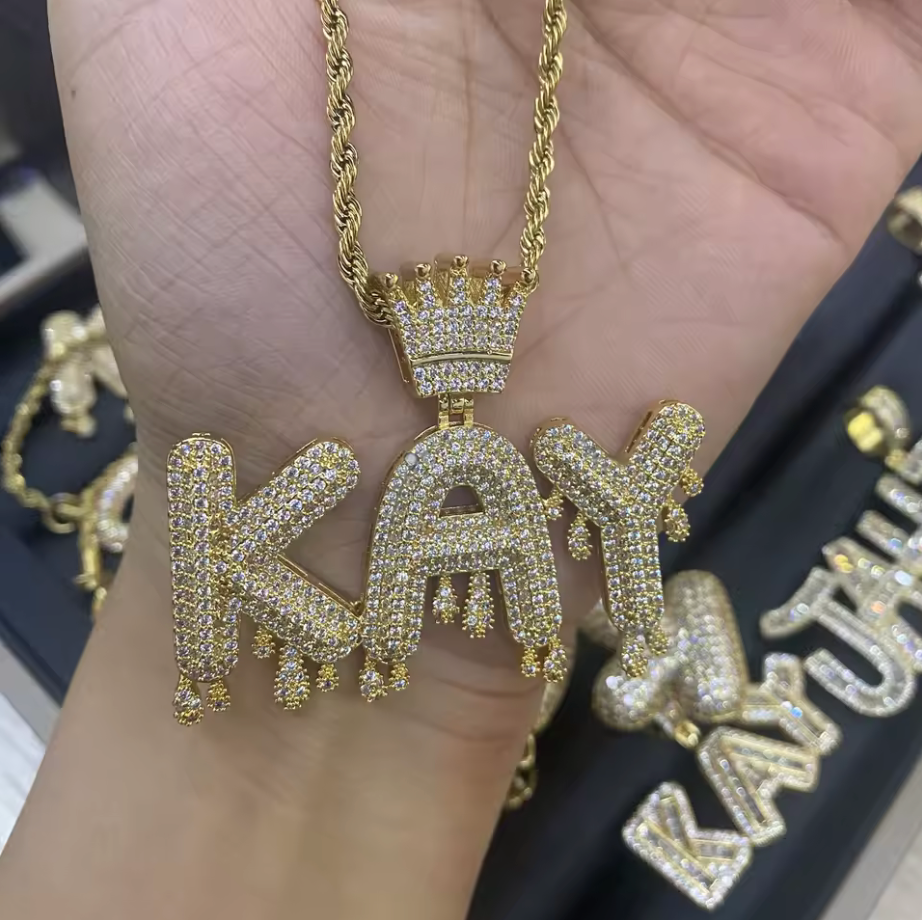 Custom Name Necklace With Micropave Zirconia Iced Out Crowned Dripping Letter