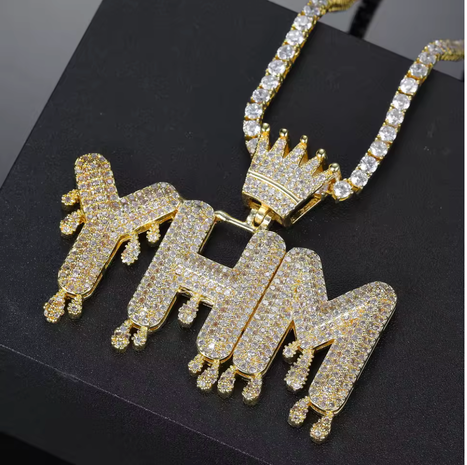 Custom Name Necklace With Micropave Zirconia Iced Out Crowned Dripping Letter